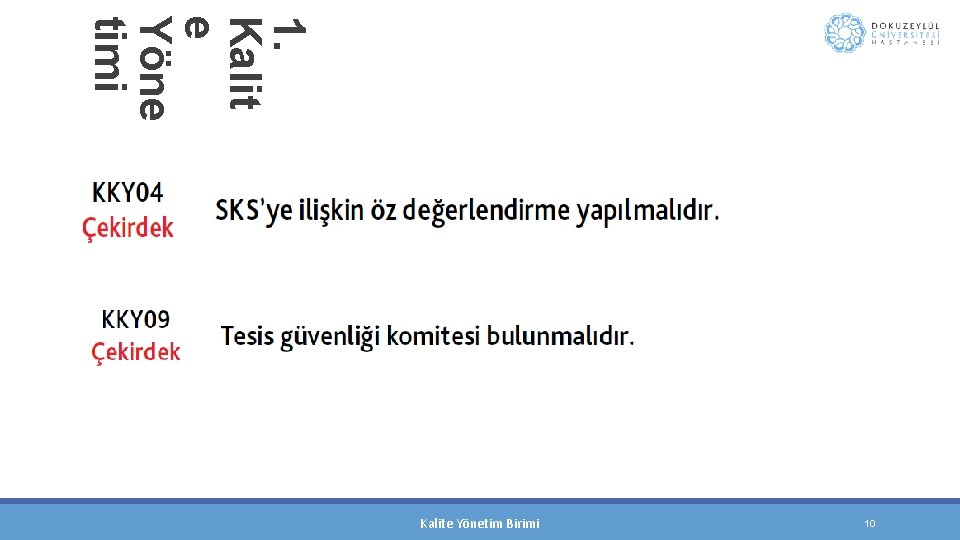 1. Kalit e Yöne timi Kalite Yönetim Birimi 10 