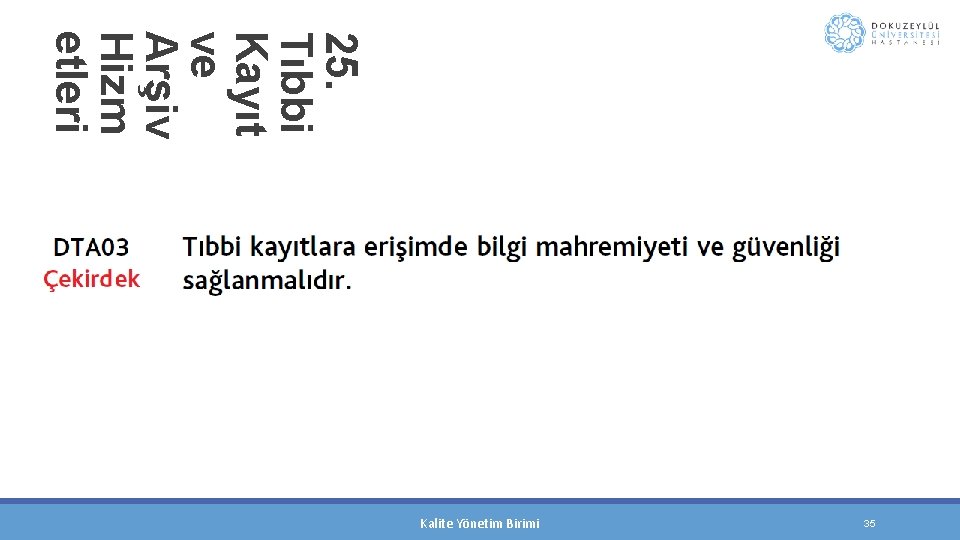25. Tıbbi Kayıt ve Arşiv Hizm etleri 35 Kalite Yönetim Birimi 