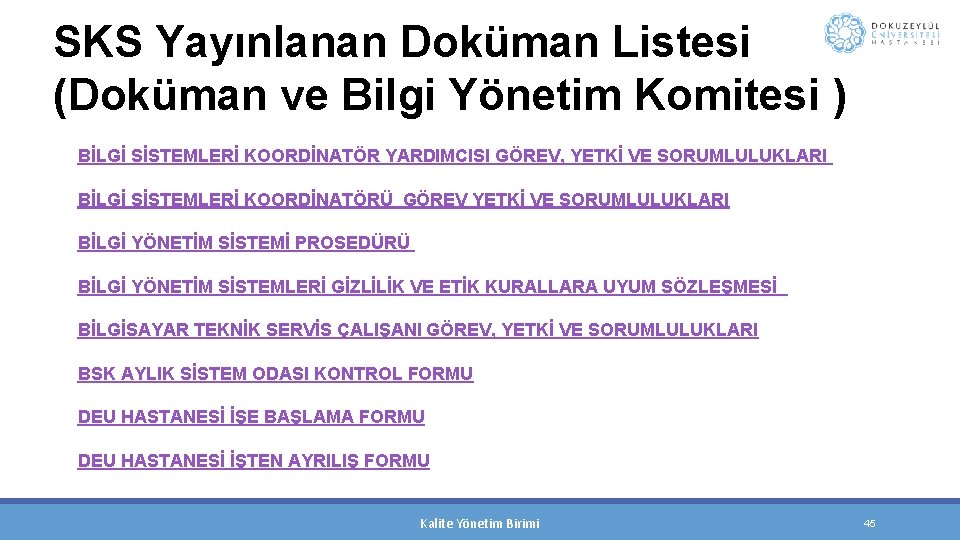 SKS Yayınlanan Doküman Listesi (Doküman ve Bilgi Yönetim Komitesi ) BİLGİ SİSTEMLERİ KOORDİNATÖR YARDIMCISI