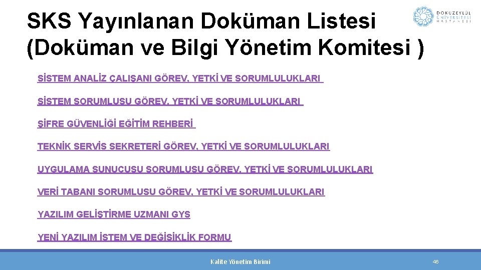 SKS Yayınlanan Doküman Listesi (Doküman ve Bilgi Yönetim Komitesi ) SİSTEM ANALİZ ÇALIŞANI GÖREV,