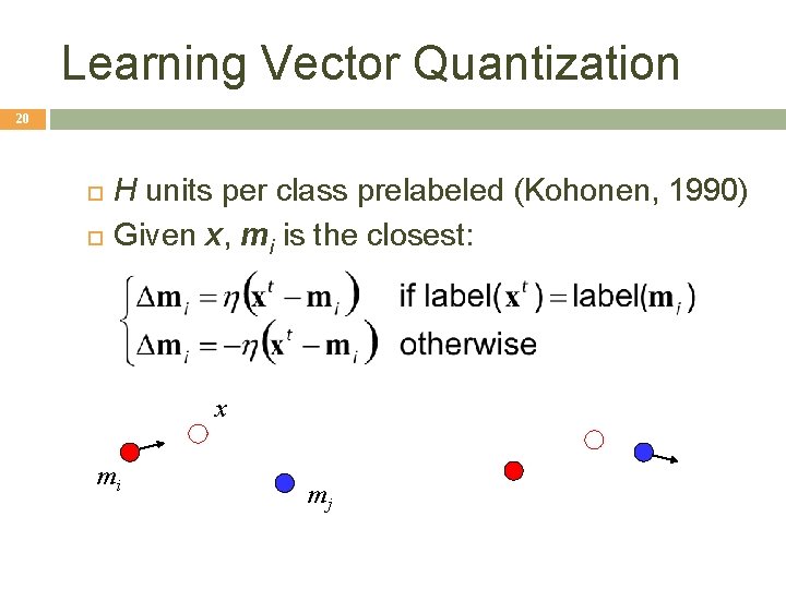 Learning Vector Quantization 20 H units per class prelabeled (Kohonen, 1990) Given x, mi