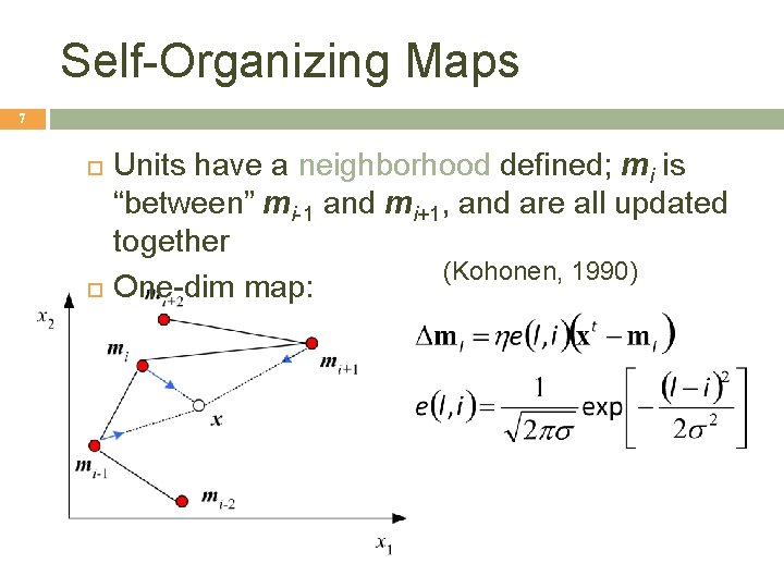 Self-Organizing Maps 7 Units have a neighborhood defined; mi is “between” mi-1 and mi+1,