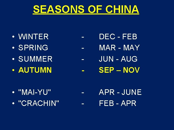 SEASONS OF CHINA • • WINTER SPRING SUMMER AUTUMN - DEC - FEB MAR