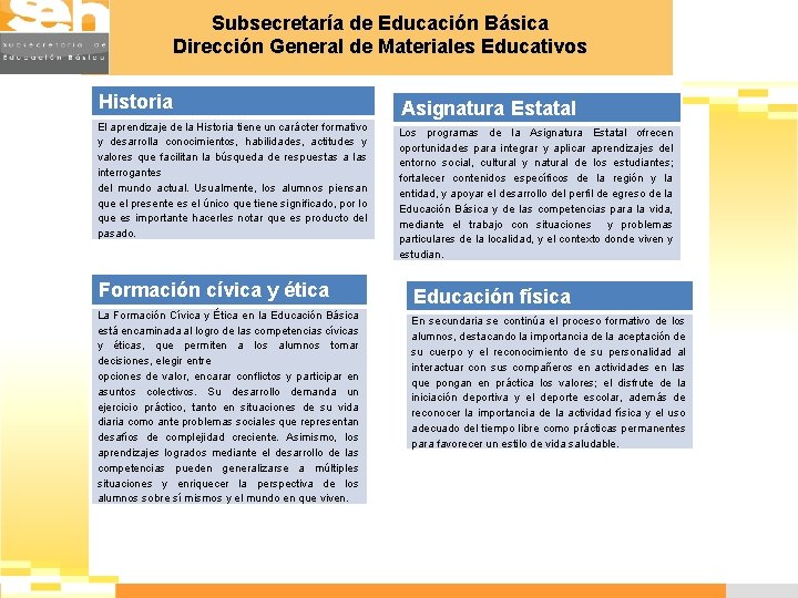 Subsecretaría de Educación Básica Dirección General de Materiales Educativos Historia El aprendizaje de la