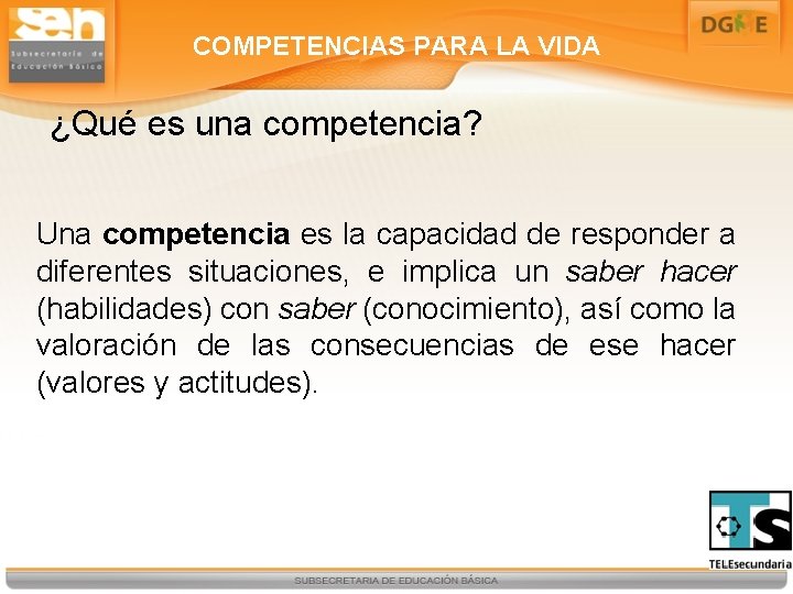 COMPETENCIAS PARA LA VIDA ¿Qué es una competencia? Una competencia es la capacidad de