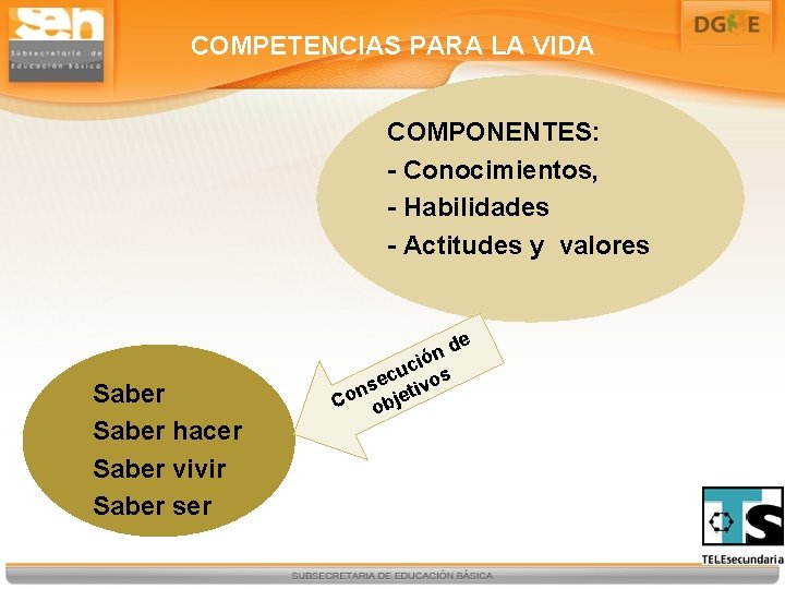 COMPETENCIAS PARA LA VIDA COMPONENTES: - Conocimientos, - Habilidades - Actitudes y valores e