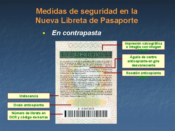 Medidas de seguridad en la Nueva Libreta de Pasaporte § En contrapasta Impresión calcográfica