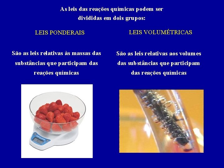 As leis das reações químicas podem ser divididas em dois grupos: LEIS PONDERAIS LEIS