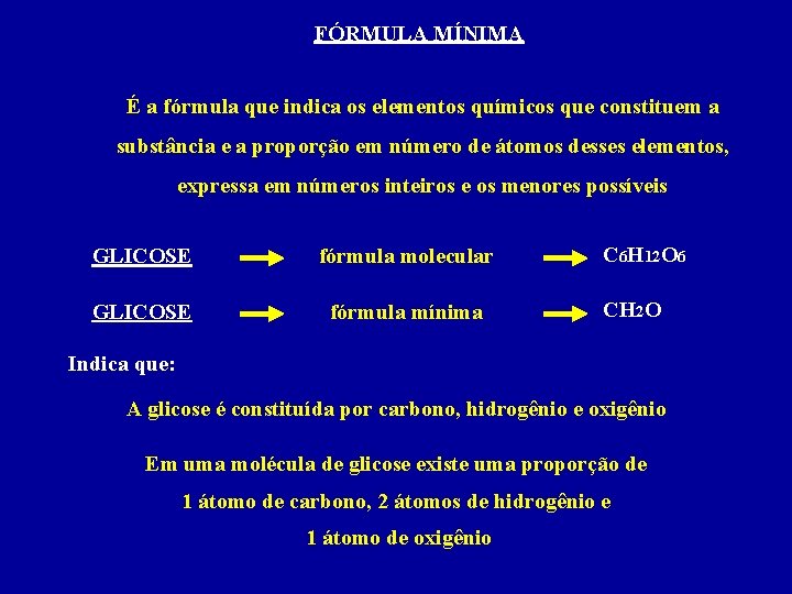 FÓRMULA MÍNIMA É a fórmula que indica os elementos químicos que constituem a substância