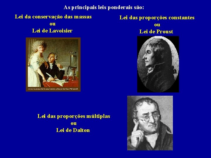 As principais leis ponderais são: Lei da conservação das massas ou Lei de Lavoisier