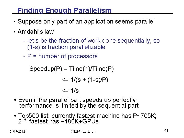 Finding Enough Parallelism • Suppose only part of an application seems parallel • Amdahl’s