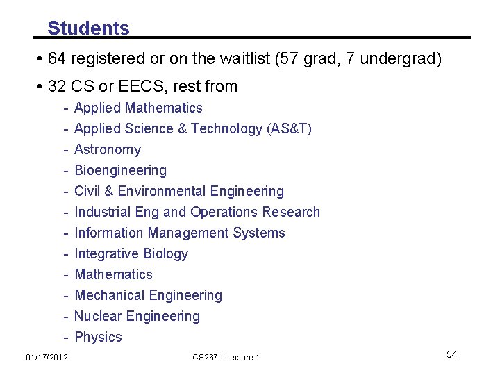 Students • 64 registered or on the waitlist (57 grad, 7 undergrad) • 32