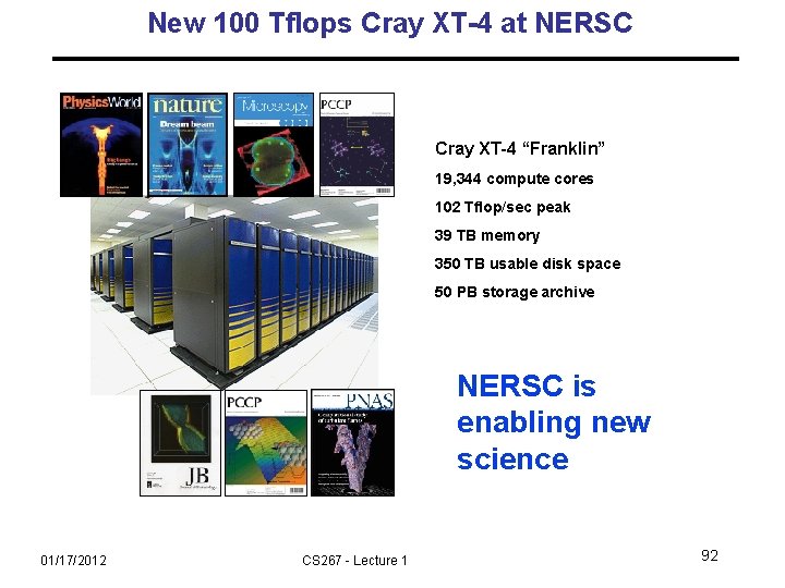 New 100 Tflops Cray XT-4 at NERSC Cray XT-4 “Franklin” 19, 344 compute cores