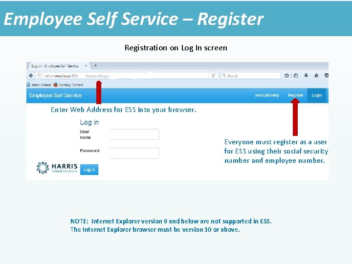 Employee Self Service – Register Registration on Log In screen Enter Web Address for