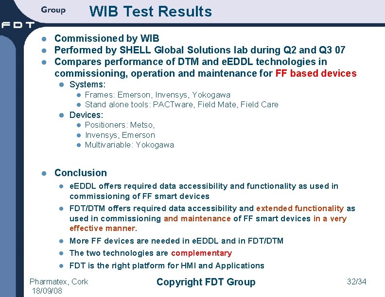 WIB Test Results l l l Commissioned by WIB Performed by SHELL Global Solutions