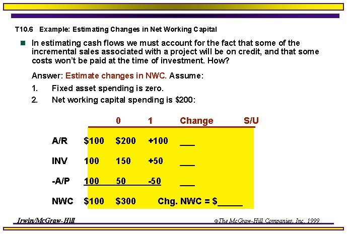T 10. 6 Example: Estimating Changes in Net Working Capital n In estimating cash