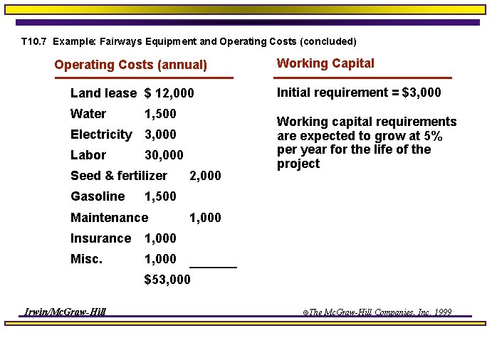 T 10. 7 Example: Fairways Equipment and Operating Costs (concluded) Operating Costs (annual) Land