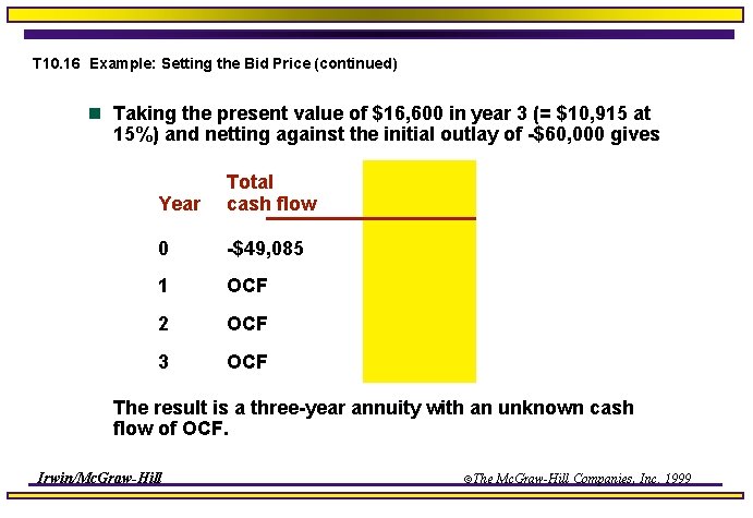 T 10. 16 Example: Setting the Bid Price (continued) n Taking the present value