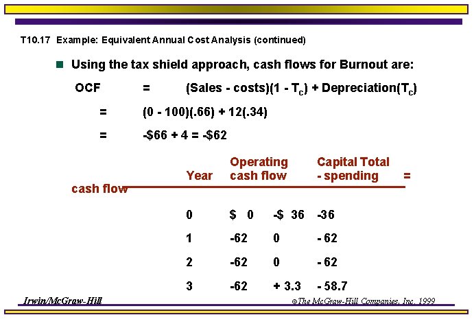 T 10. 17 Example: Equivalent Annual Cost Analysis (continued) n Using the tax shield