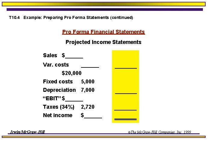 T 10. 4 Example: Preparing Pro Forma Statements (continued) Pro Forma Financial Statements Projected