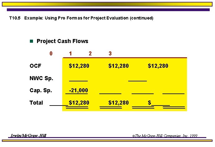 T 10. 5 Example: Using Pro Formas for Project Evaluation (continued) n Project Cash