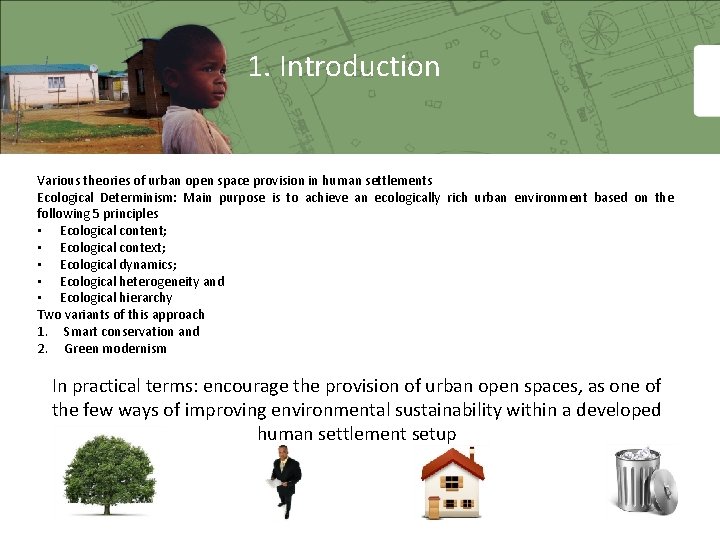 1. Introduction Various theories of urban open space provision in human settlements Ecological Determinism: 1. Introduction Various theories of urban open space provision in human settlements Ecological Determinism:
