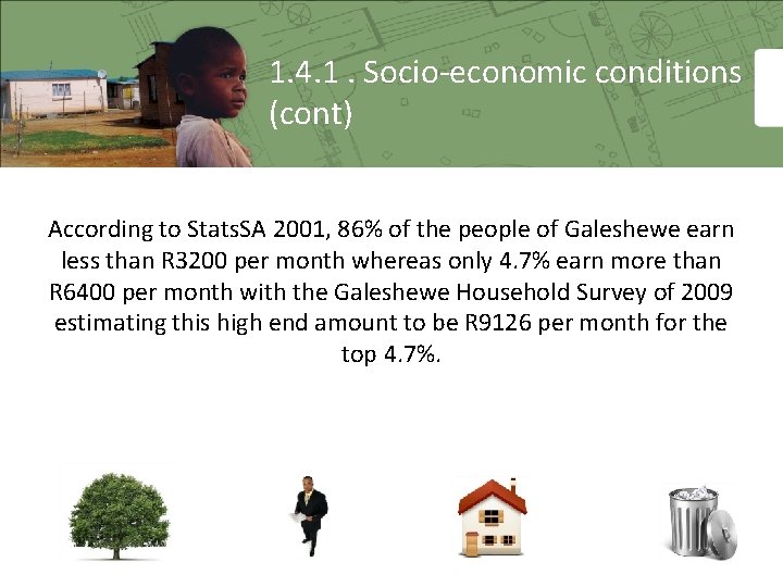 1. 4. 1. Socio-economic conditions (cont) According to Stats. SA 2001, 86% of the