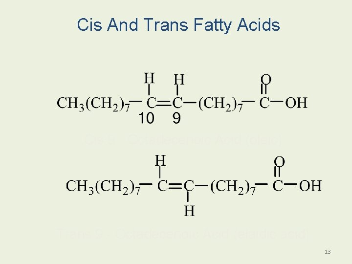 Cis And Trans Fatty Acids Cis 9 - Octadecenoic Acid (oleic) Trans 9 -