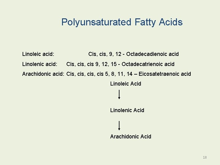 Polyunsaturated Fatty Acids Linoleic acid: Linolenic acid: Cis, cis, 9, 12 - Octadecadienoic acid