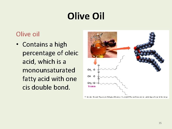 Olive Oil Olive oil • Contains a high percentage of oleic acid, which is
