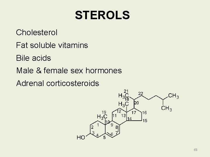 STEROLS Cholesterol Fat soluble vitamins Bile acids Male & female sex hormones Adrenal corticosteroids