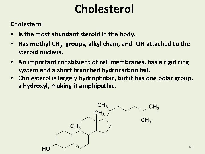 Cholesterol • Is the most abundant steroid in the body. • Has methyl CH