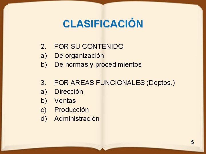 CLASIFICACIÓN 2. POR SU CONTENIDO a) De organización b) De normas y procedimientos 3.
