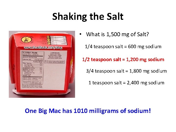 Shaking the Salt • What is 1, 500 mg of Salt? 1/4 teaspoon salt