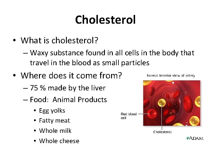 Cholesterol • What is cholesterol? – Waxy substance found in all cells in the