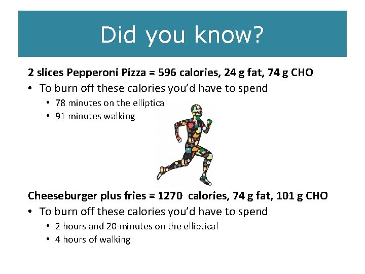 Did you know? 2 slices Pepperoni Pizza = 596 calories, 24 g fat, 74