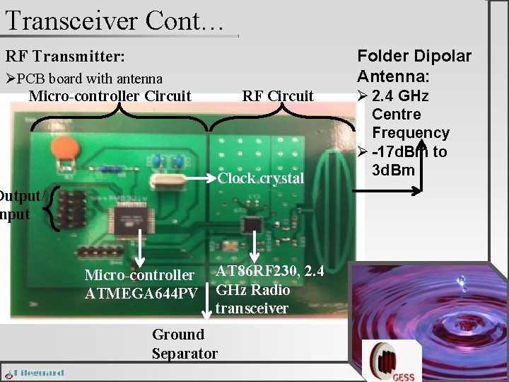 Transceiver Cont… Folder Dipolar Antenna: RF Transmitter: ØPCB board with antenna Micro-controller Circuit RF