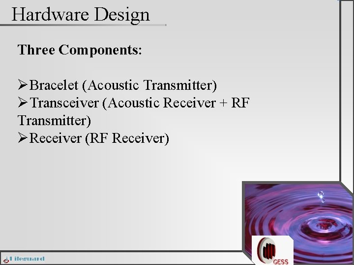 Hardware Design Three Components: ØBracelet (Acoustic Transmitter) ØTransceiver (Acoustic Receiver + RF Transmitter) ØReceiver