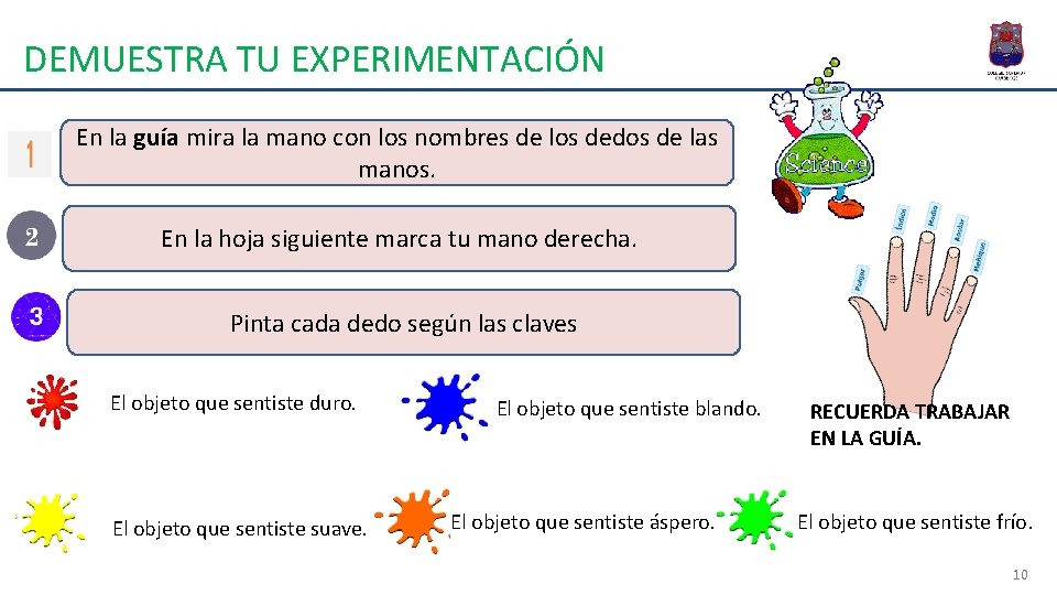 DEMUESTRA TU EXPERIMENTACIÓN En la guía mira la mano con los nombres de los