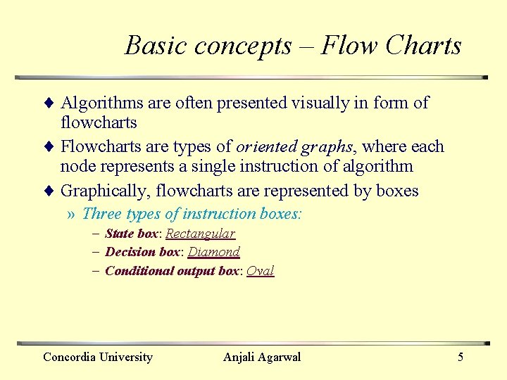 Basic concepts – Flow Charts ¨ Algorithms are often presented visually in form of