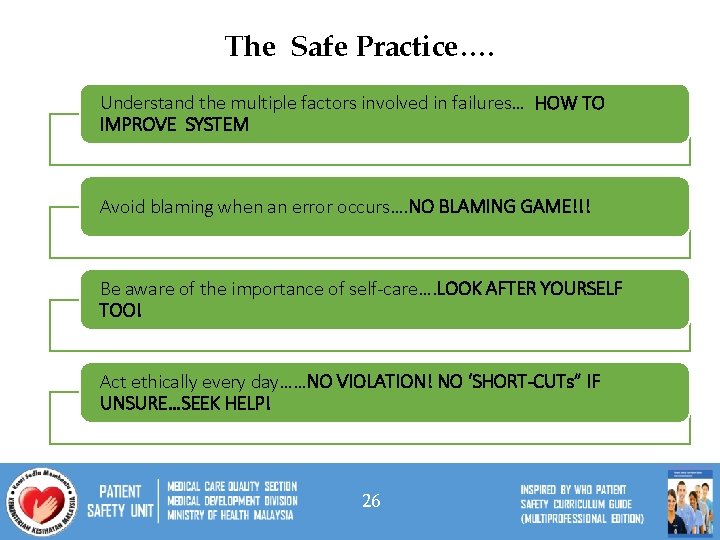 The Safe Practice…. Understand the multiple factors involved in failures… HOW TO IMPROVE SYSTEM
