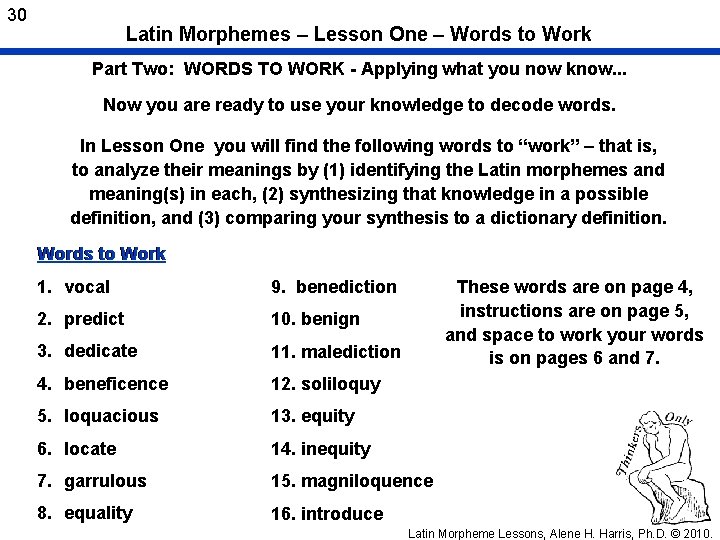 30 Latin Morphemes – Lesson One – Words to Work Part Two: WORDS TO