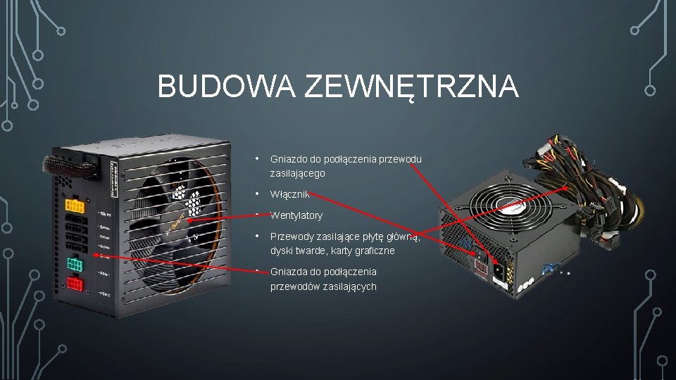 BUDOWA ZEWNĘTRZNA • Gniazdo do podłączenia przewodu zasilającego • Włącznik • Wentylatory • Przewody