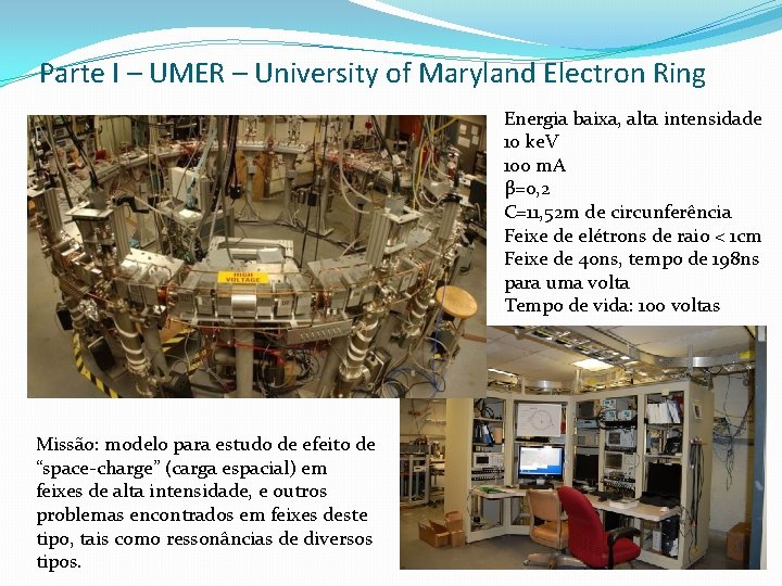 Parte I – UMER – University of Maryland Electron Ring Energia baixa, alta intensidade
