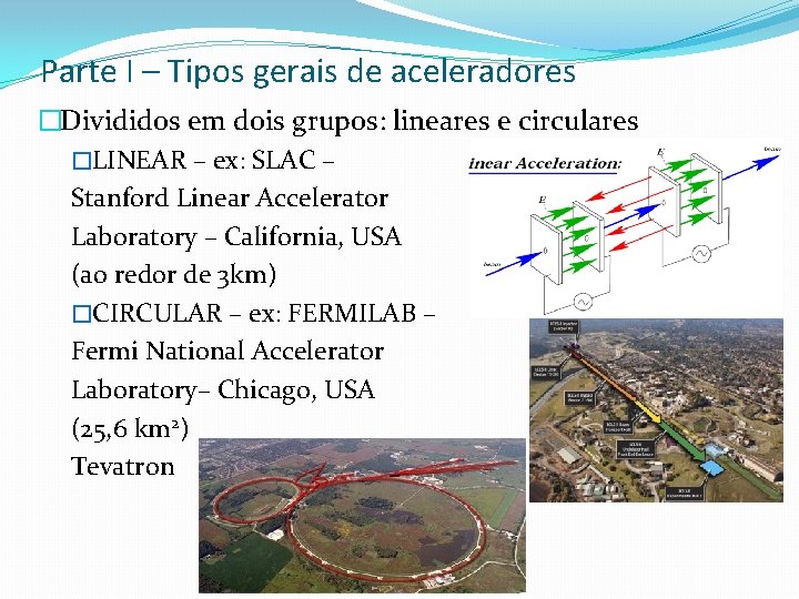 Parte I – Tipos gerais de aceleradores �Divididos em dois grupos: lineares e circulares