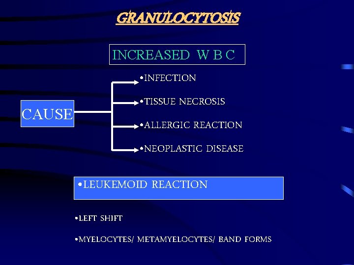 GRANULOCYTOSIS INCREASED W B C • INFECTION • TISSUE NECROSIS CAUSE • ALLERGIC REACTION