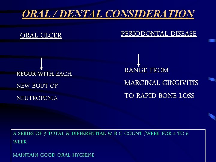 ORAL / DENTAL CONSIDERATION ORAL ULCER RECUR WITH EACH NEW BOUT OF NEUTROPENIA PERIODONTAL