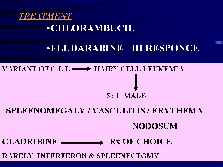 TREATMENT • CHLORAMBUCIL • FLUDARABINE - HI RESPONCE VARIANT OF C L L HAIRY