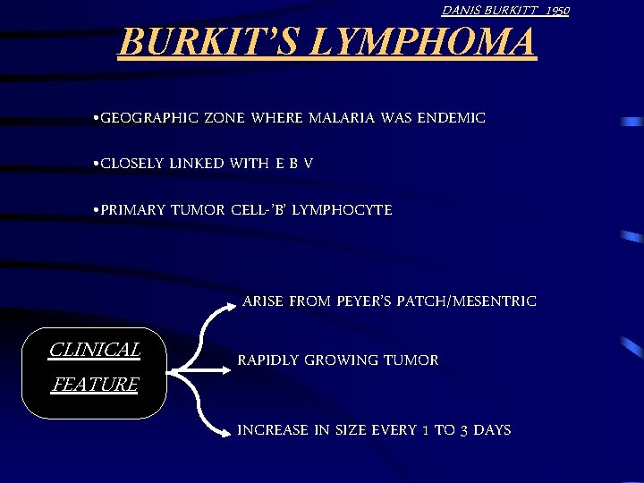 DANIS BURKITT 1950 BURKIT’S LYMPHOMA • GEOGRAPHIC ZONE WHERE MALARIA WAS ENDEMIC • CLOSELY