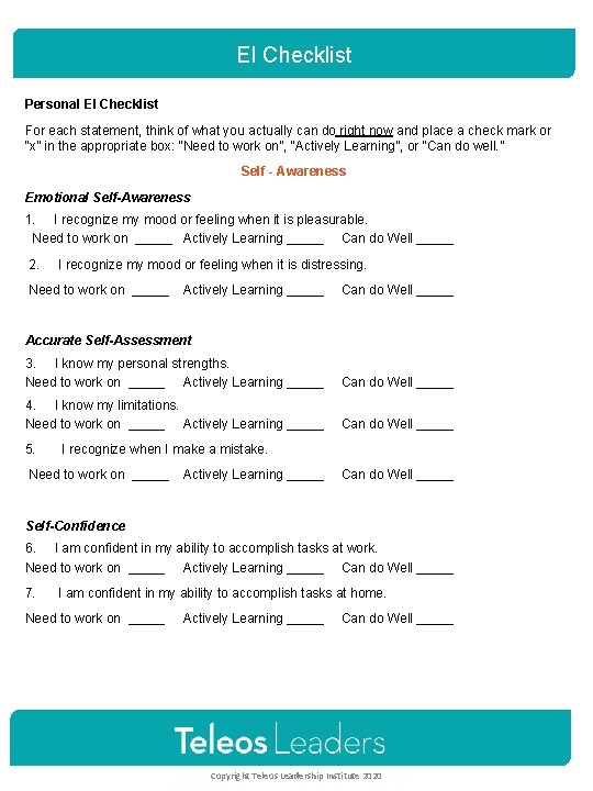 EI Checklist Personal EI Checklist For each statement, think of what you actually can